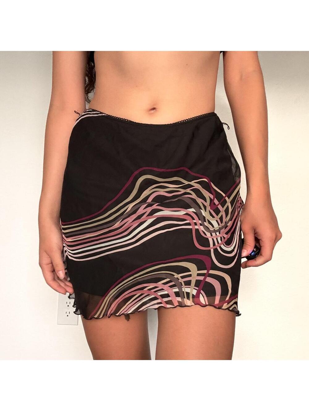 Y2K La Belle black abstract swirl mesh mini skirt